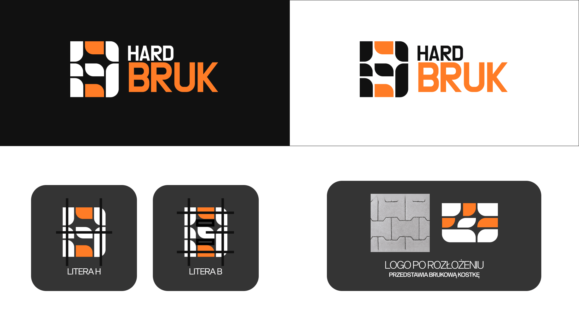 Anatomia logo Hard Bruk: wersje kolorystyczne, konstrukcja liter H i B oraz logo rozłożone jako kostka brukowa
